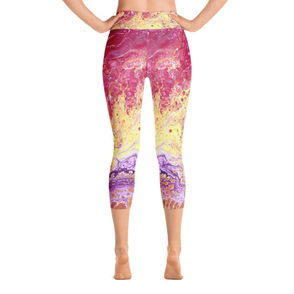 Sunrise Pink Galaxy Printed Capri Leggings, High Waist Yoga Pants - Image 4