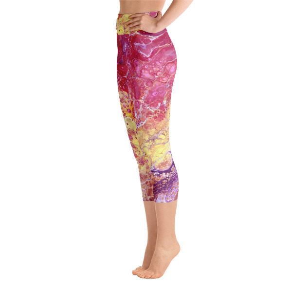 Sunrise Pink Galaxy Printed Capri Leggings, High Waist Yoga Pants - Image 2