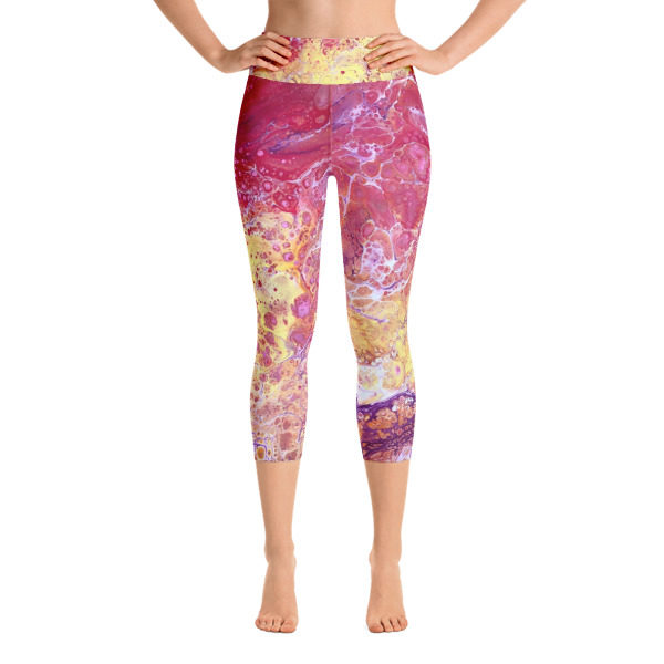 Sunrise Pink Galaxy Printed Capri Leggings, High Waist Yoga Pants