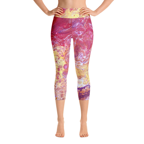 Sunrise Pink Galaxy Printed Capri Leggings, High Waist Yoga Pants ...