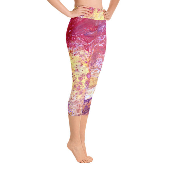 Sunrise Pink Galaxy Printed Capri Leggings, High Waist Yoga Pants - Image 3