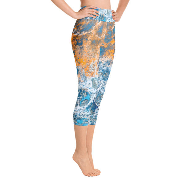 Beachy Blue Capri Printed Leggings, High Waist Yoga Pants - Image 3