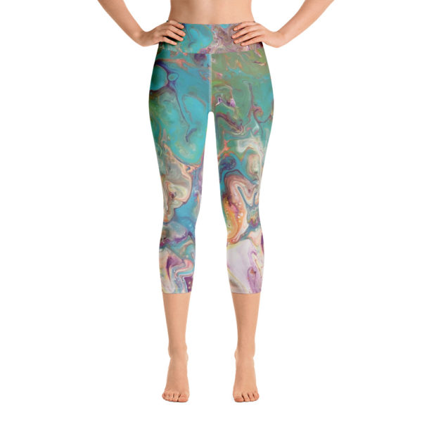 Turquoise and Green Multi Colored Capri Leggings, Yoga Pants