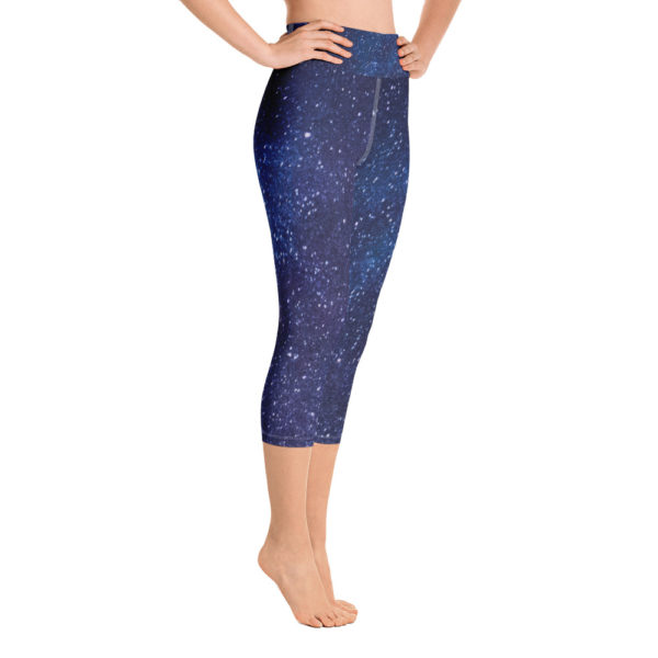 Galaxy Printed Capri Leggings, Navy Blue Yoga Pants - Image 7