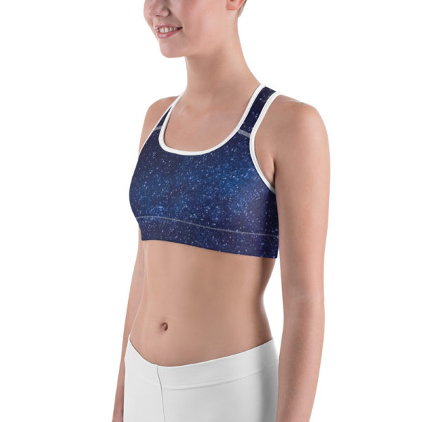 Galaxy Printed Sports Bra, Navy Blue Workout Bra - Image 2