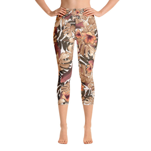 Brown Jungle Capri Leggings, Tropical Yoga Pants