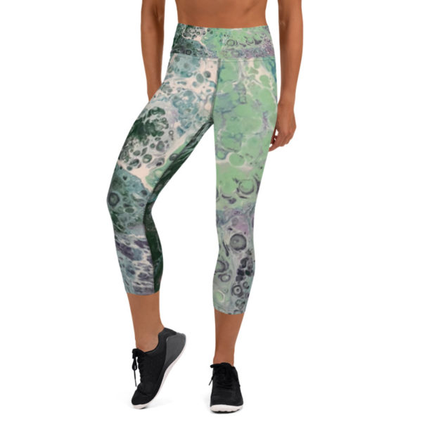 Green Galaxy Printed Capri Leggings, High Waist Yoga Pants