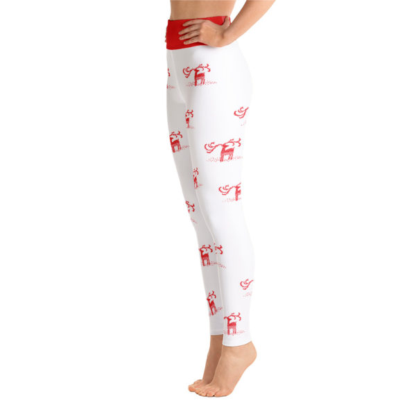 Holiday Christmas Reindeer Leggings, Red and White Yoga Pants - Image 2