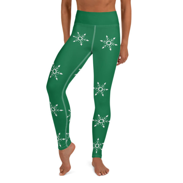 Holiday Green Snowflake Leggings, Christmas Yoga Pants