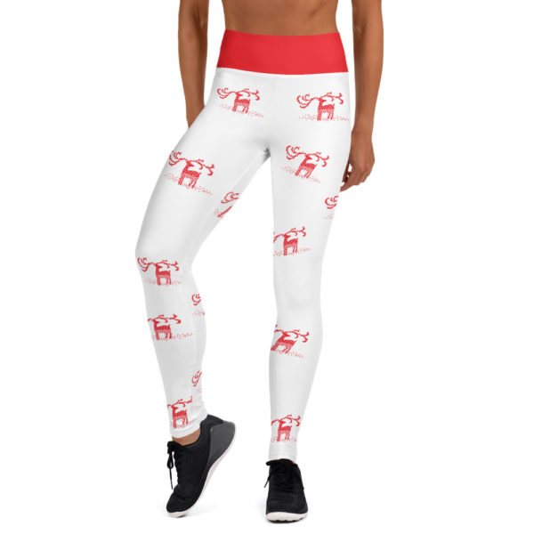 Holiday Christmas Reindeer Leggings, Red and White Yoga Pants - Image 5