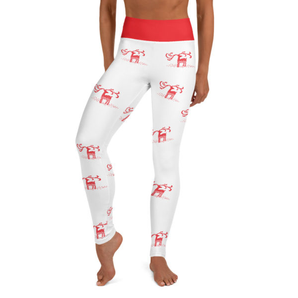 Holiday Christmas Reindeer Leggings, Red and White Yoga Pants - Image 6