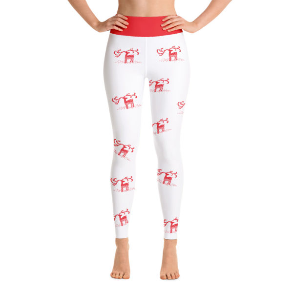 Holiday Christmas Reindeer Leggings, Red and White Yoga Pants