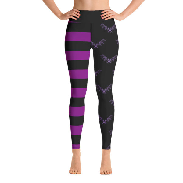 Purple Bat Halloween Leggings, Purple and Black Witch Leggings