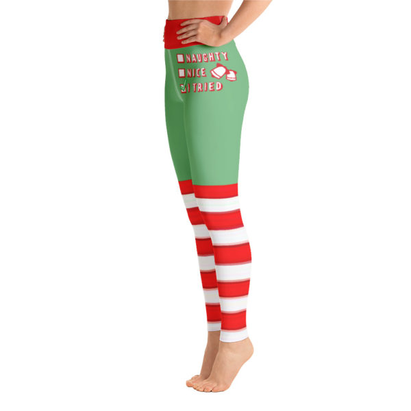 Green and Red Naughty or Nice Christmas Leggings, Holiday Yoga Pants - Image 3